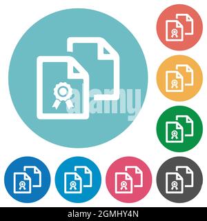 Copy certificate flat white icons on round color backgrounds Stock Vector