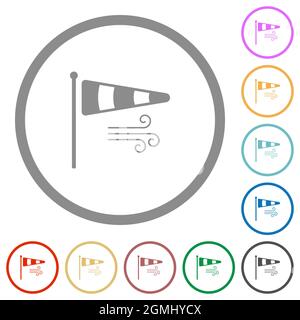 Windsock indicator with wind solid flat color icons in round outlines on white background Stock Vector
