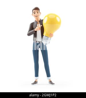 3d cartoon man pointing at big light bulb, illustration isolated on white background Stock Photo