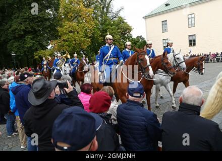 Linköping, Sweden. 19th, September, 2021. The Royal Swedish Cavalry Band with horses from the Association for the Mounted Guard conducts a riding parade through Linköping city on Sunday. The Royal Swedish Cavalry Band is one of three professional military bands in the Swedish Armed Forces. The band traces its ancestry back to the 1500s when King Gustav Vasa raised his first regiment of horse. Today the Royal Swedish Cavalry Band is one of few mounted bands in the world. Credit: Jeppe Gustafsson/Alamy Live News Stock Photo