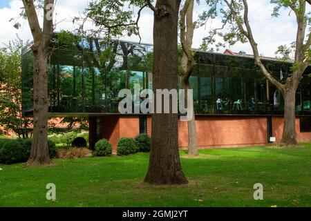 Whitworth At Gallery café extension among the mature ash trees of Whitworth Park, Manchester, UK Stock Photo