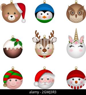 Set of christmas balls in the shape of funny characters Stock Vector