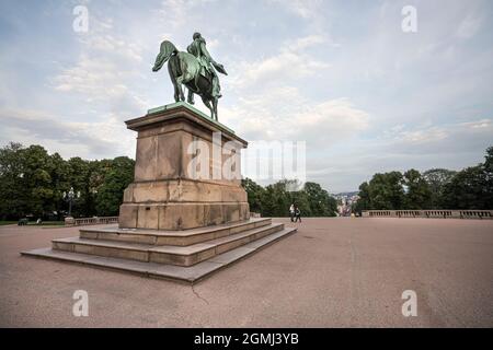 Oslo, Norway. September 2021. view of the equestrian statue of Charles XIV, king of Sweden and Norway in front of the royal palace in the city center Stock Photo