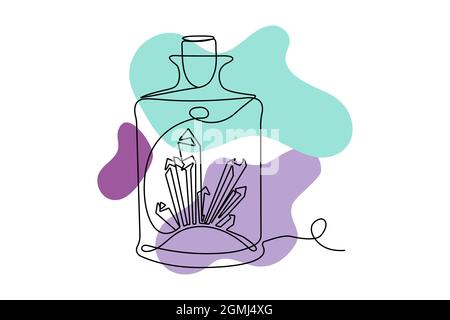 Magical bottle with gem crystals - esoteric mystical talismans with abstract organic shapes. Spiritual object in purple and turquoise colors. Hallowee Stock Vector