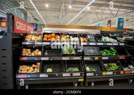 Taplow, UK. 19th September, 2021. Sainsbury's Supermarket had a good supply of food in their store today. Some lines are still being impacted upon by supply chain issues including bottled water and carbonated drinks such as cola due a shortage of carbon dioxide. This may lead to meat running short in supermarkets as animals are stunned before being slaughtered using carbon dioxide. Credit: Maureen McLean/Alamy Live News Stock Photo