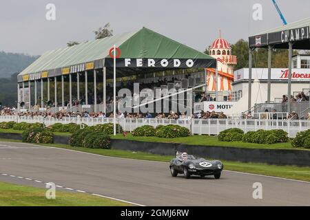Goodwood Motor Circuit 17 September 2021. #27 Gary Pearson, driven by Martin Brundle, 1955 Jaguar D-Type 'long-nose', Sussex Trophy, during the Goodwood Revival Goodwood, Chichester, UK Stock Photo