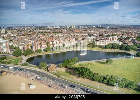 Aerial view of Southsea canoe lake near to the Victorian buildings and seafront at this popular resort in Southern England. Stock Photo