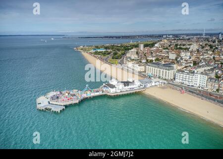 Southsea Beach and Seafront aerial footage heading towards Southsea Castle with the Isle of Wight in the background. Stock Photo