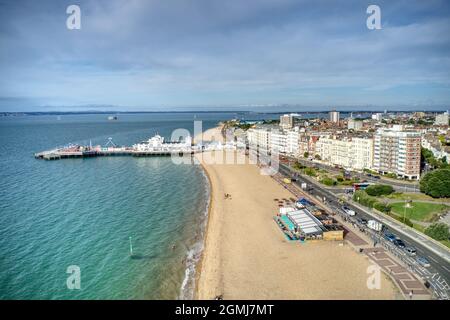 Aerial photo of Southsea Seafront with the elegant Pier and Victorian buildings at this popular resort in Southern England. Stock Photo