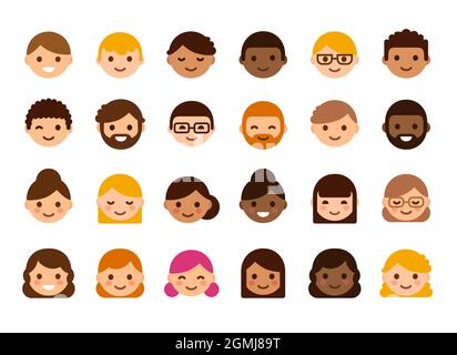 Set of diverse male and female avatars. Men and women with different skin color and hair. Cute and simple flat cartoon vector style. User profile imag Stock Vector