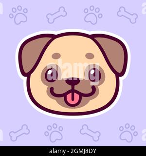 Cute cartoon pug face drawing on purple background with paw and bone pattern. Kawaii dog portrait smiling with tongue out. Vector clip art illustratio Stock Vector