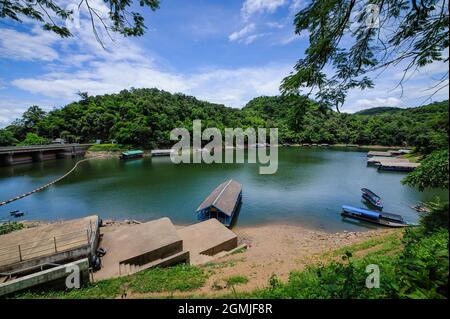 reservoir lake with floted building Stock Photo