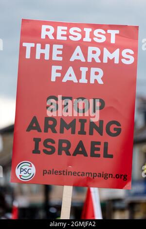 London, UK. 12 September 2021. Protesters march in opposition to the world’s largest arms fair, Defence and Security Equipment International (DSEI) Stock Photo