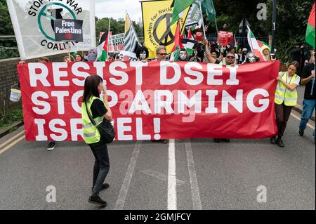 London, UK. 12 September 2021. Protesters march in opposition to the world’s largest arms fair, Defence and Security Equipment International (DSEI) Stock Photo