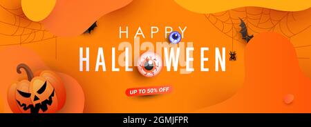Happy halloween festive discount banner with scary pumpkin face, spider web and spider decorations on gradient orange background. 31 october holiday Stock Vector