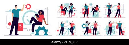 Collection of vector illustrations on the subject of web design, software development, communication. Editable stroke Stock Vector