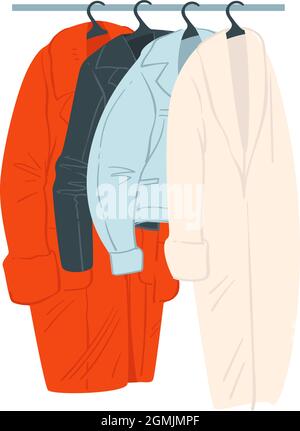 Fashionable clothes on rack, shop with coats top Stock Vector