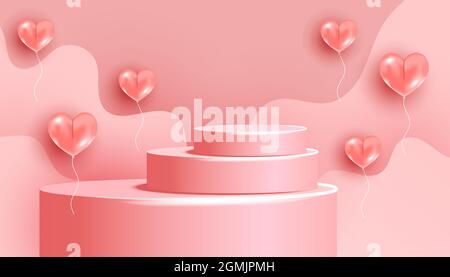 Cylinder podium with wave shape and 3d realistic love balloons on cream pink background. Minimal scene with geometrical forms for product presentation Stock Vector