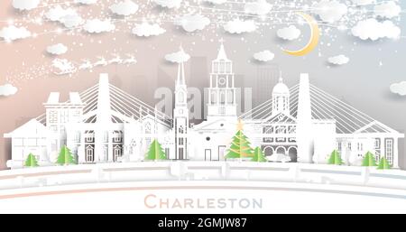 Charleston South Carolina City Skyline in Paper Cut Style with Snowflakes, Moon and Neon Garland. Vector Illustration. Christmas and New Year Concept. Stock Vector