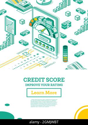 Isometric Mobile Application for Checking Personal Credit Score. Vector Illustration. Rating Scale from Poor to Good Rate. Creditworthiness or Risk. Stock Vector