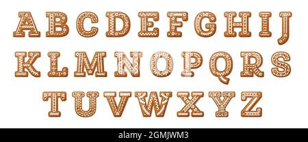 Gingerbread Cartoon Alphabet Isolated on White. English Letters. Vector Illustration. Christmas Cookies. Holidays Pastry. Stock Vector