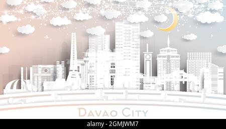 Davao City Philippines Skyline in Paper Cut Style with White Buildings, Moon and Neon Garland. Vector Illustration. Travel and Tourism Concept. Davao Stock Vector