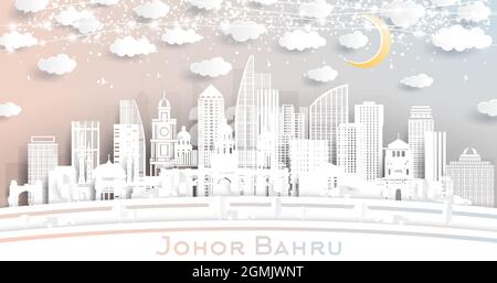 Johor Bahru Malaysia City Skyline in Paper Cut Style with White Buildings, Moon and Neon Garland. Vector Illustration. Travel and Tourism Concept. Stock Vector