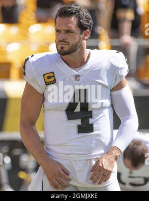 Pittsbugh, United States. 19th Sep, 2021. Las Vegas Raiders quarterback Derek Carr (4) warms up before the start of the game against the Pittsburgh Steelers at Heinz Field on Sunday, September 19, 2021. Photo by Archie Carpenter/UPI Credit: UPI/Alamy Live News Stock Photo