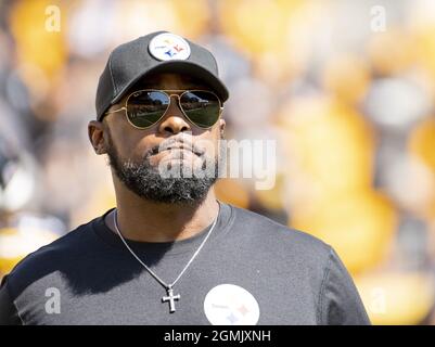 Pittsbugh, United States. 19th Sep, 2021. Pittsburgh Steelers head coach Mike Tomlin walks the field during warms up before the start of the game against the Las Vegas Raiders at Heinz Field on Sunday, September 19, 2021. Photo by Archie Carpenter/UPI Credit: UPI/Alamy Live News Stock Photo