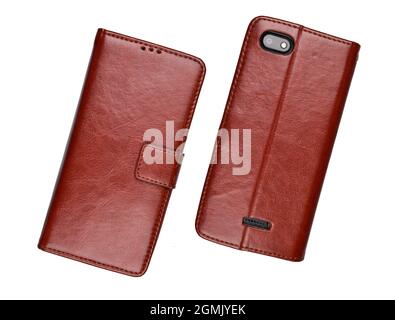 Leather Flip cover Smartphone Isolated on White Background with Clipping Path Stock Photo