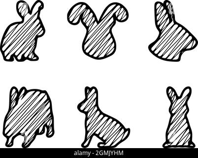 Set of silhouettes of a rabbit on a white background. Scribble vector illustration. Stock Vector