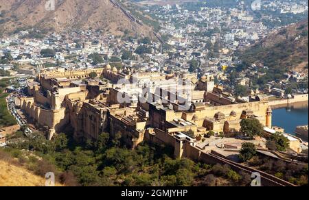 Amber fort near Jaipur city, Rajasthan, India, view from the upper fortress on Amber palace and town Stock Photo