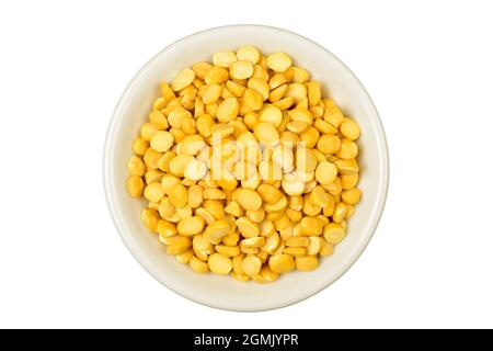 Top view of chana daal in white bowl isolated on white background Stock Photo