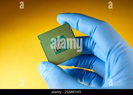 production of central processing units, gloved hand holds a cpu Stock Photo