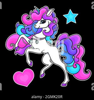 A cute, white unicorn with a rainbow mane. On a black background. Vector illustration Stock Vector