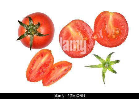 Whole Tomato with Tomato Slice Isolated on White Background with Clipping Path Stock Photo