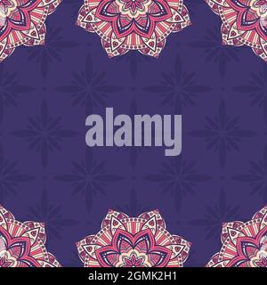 Seamless border pattern with red and beige mandalas on purple background. Mehndi lace borders. Endless texture. Space for text. Vector color. Stock Vector