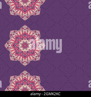 Seamless border pattern with red and beige mandalas on purple background. Mehndi lace borders. Endless texture. Space for text. Vector color. Stock Vector
