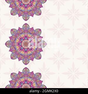 Seamless border pattern with mandalas. Mehndi lace borders. Endless texture. Space for text. Vector color background. Stock Vector