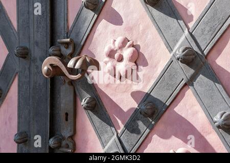 Handle in the form of a flower on an aged Pink painted ornament metal door. Concept historical extereire element. Stock Photo