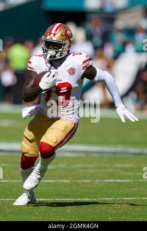 San Francisco 49ers Deebo Samuel (19) walks on the field during an NFL  football game against the Kansas City Chiefs, Saturday, Aug. 14, 2021, in  Santa Clara, Calif. (AP Photo/Scot Tucker Stock