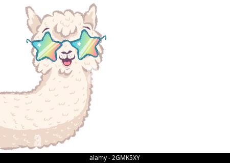 Vector illustration of a cute llama with rainbow glasses. Cute alpaca with glasses like stars. Stock Vector