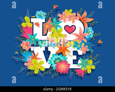 Vector poster with colorful flowers and lettering text Love. Vintage postcard with flowers and letters for Valentine's day. Stock Vector
