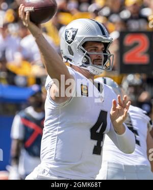 Pittsbugh, United States. 19th Sep, 2021. Las Vegas Raiders quarterback Derek Carr (4) throws in the first quarter against the Pittsburgh Steelers at Heinz Field on Sunday, September 19, 2021. Photo by Archie Carpenter/UPI Credit: UPI/Alamy Live News Stock Photo