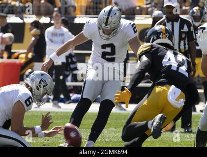 Pittsbugh, United States. 19th Sep, 2021. Las Vegas Raiders kicker Daniel Carlson (2) kicks the first of his three fields in the first half against the Pittsburgh Steelers at Heinz Field on Sunday, September 19, 2021. Photo by Archie Carpenter/UPI Credit: UPI/Alamy Live News Stock Photo