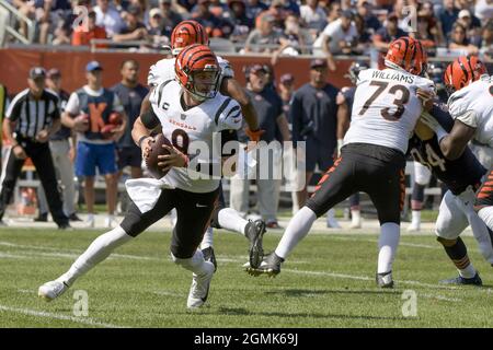 Chicago, United States. 19th Sep, 2021. Chicago Bears wide receiver Allen  Robinson (12) makes a first quarter touchdown catch over Cincinnati Bengals  cornerback Chidobe Awuzie (22) at Soldier Field in Chicago on