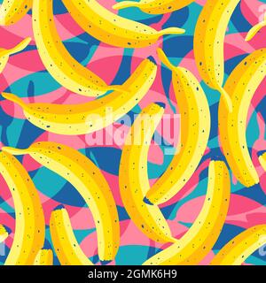 Vector seamless vintage pattern with yellow bananas. Vector banana pattern with colorful shadows. Tropical pattern with bananas. Stock Vector