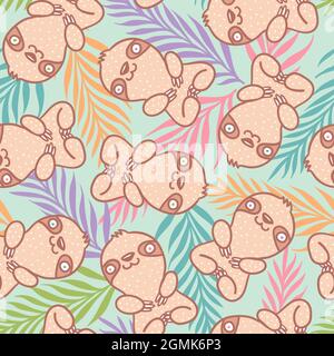 Vector seamless tropical pattern with cute sloth. Vector pattern with sloth superhero and tropical plants. Slothes and exotic plants. Stock Vector