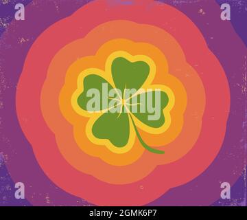 Vector vintage poster with lucky clover. Vector illustration of a lucky four leaf clover with rainbow lines in retro style. Stock Vector