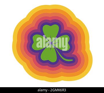 Vector vintage poster with lucky clover. Vector illustration of a lucky four leaf clover with rainbow lines in retro style. Lucky clover sticker. Stock Vector